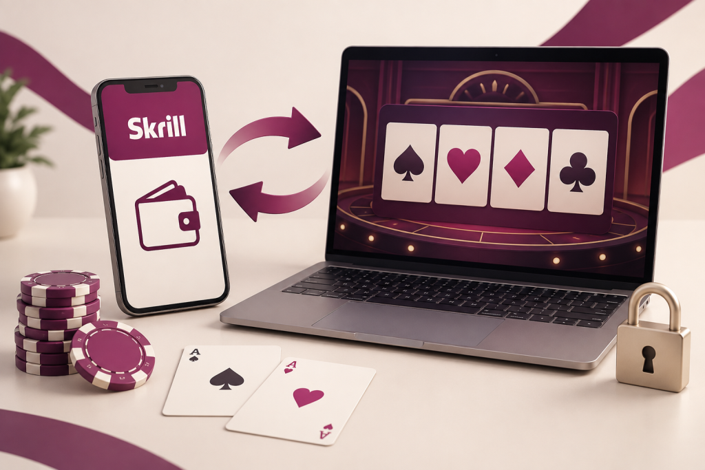 Telefon s peněženkou Skrill a notebook s online kasinem propojené šipkami pro vklady a výběry, vedle žetonů a zámku