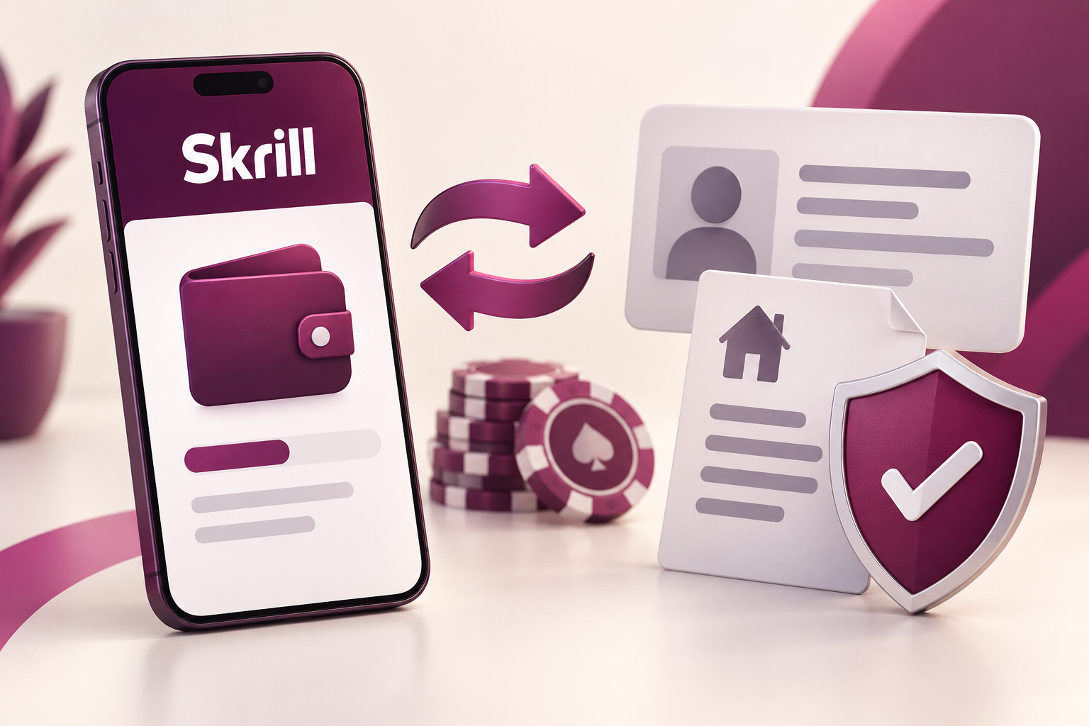 Elektronická peněženka Skrill v telefonu vedle dokladů pro ověření totožnosti a adresy a štítu se symbolem potvrzení